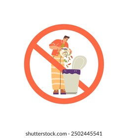 Man dumping food into a trash bin with a prohibition sign overlay. Vector illustration promoting food sharing and waste reduction awareness. Ideal for sustainability and environmental campaigns.