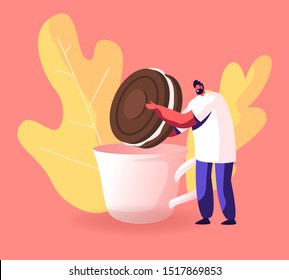 Man Dunking Chocolate Cookie with Cream to Cup with Hot Drink. Tiny Male Character Holding Huge Bakery, Giant Dessert for Birthday or Tea Party Event Celebration. Cartoon Flat Vector Illustration