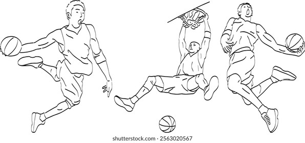 Man Dunks Basketball Line Art. Vector Icon Logo Hand Drawn Black Line Doodle Illustration