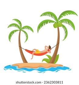 man during his holidays on an island, napping on a hammock 