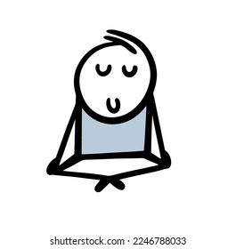 A man during a yoga class sits in a relaxed pose and meditates. Vector illustration of a funny relaxing guy.