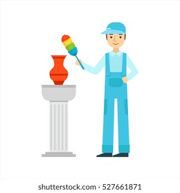 Man Dusting Antique Vase With Dust Brush, Cleaning Service Professional Cleaner In Uniform Cleaning In The Household