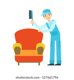 Man Dusting Armchair With Brush, Cleaning Service Professional Cleaner In Uniform Cleaning In The Household