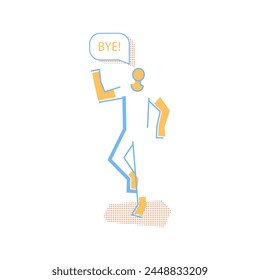 Man in dynamic pose with bye text in dialog speech bubble