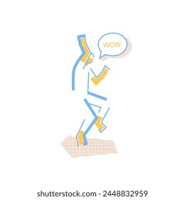 Man in dynamic pose with wow text in dialog speech bubble