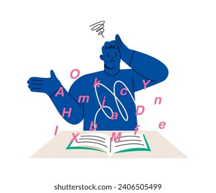 Man with dyslexia having difficulty reading a book. Colorful vector illustration
