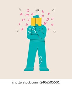 Man with dyslexia having difficulty reading a book. Colorful vector illustration
