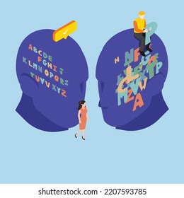 Man with dyslexia or reading and understanding problem isometric 3d vector illustration concept for banner, website, illustration, landing page, flyer, etc.