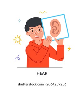 Man with ear. Hearing concept. Auditory personality type. One of five main senses. Way of knowing world, interaction, audio. Boy with good hearing, metaphor. Cartoon flat vector illustration