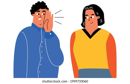 a man in the ear tells a friend a story, gossip, a whisper conversation, a secret. Stylized vector characters