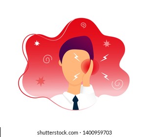 Man with earache touching his ear. Flat modern trendy style.Vector illustration character icon. Isolated on white background.
