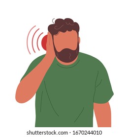 Man with earache touching his ear. Flat trendy style. Vector hand drawn character illustration. Isolated on white background.