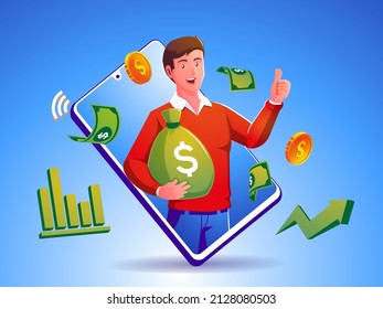 a man earn money income by using smartphone