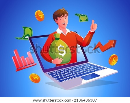 Man earn a lot of money with laptops from the internet