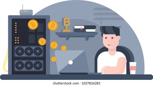 Man earning cryptocurrency in a server farm. Editable clip art