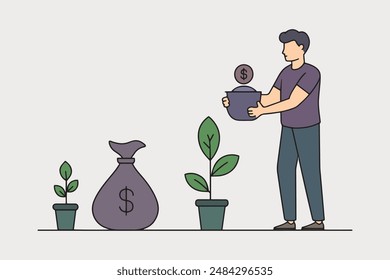 
Hombre que gana la línea del dinero con la Ilustración vectorial en el fondo blanco.