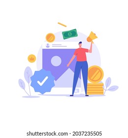 Man earning money online in social media. Blogger monetizes blog and shares post. Concept of blog monetization, earn money in internet, online income. Vector illustration in flat for web UI design