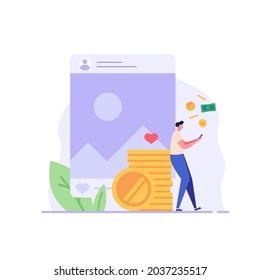 Man earning money online in social media. Successful blogger monetizes blog. Concept of blog monetization, earn money in internet, online income. Vector illustration in flat for web UI design