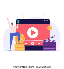 Man earning money online in video hosting. Successful blogger monetizes video blog. Concept of blog monetization, earn money in internet, online income. Vector illustration in flat for web UI design