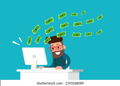 Man earnings money from his computer flat design vector.