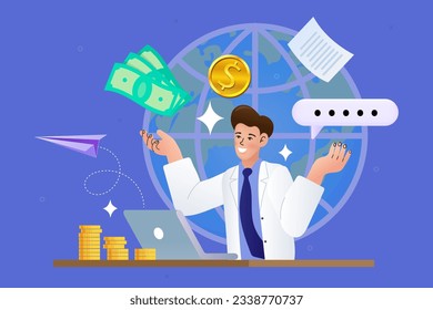 Hombre con documentos de estado de ingresos. informe o estado financiero, indicadores de beneficios o ingresos, auditoría de la empresa. carta de acuerdo calculando el dinero de los ingresos comerciales. Ilustración vectorial plana.