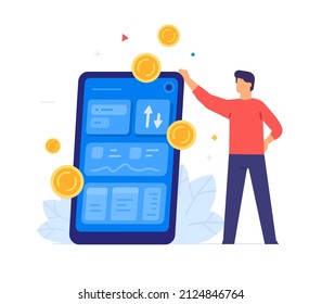 Man earns money, smartphone, mining, exchange, online. Smartphones tablets user interface online shopping.Flat illustration Icons infographics. Landing page site print poster.