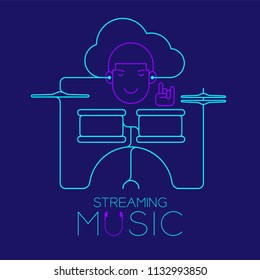 Man with earphone cloud connect smartphone, Drum kit shape made from cable, Streaming music concept design illustration isolated on dark blue background, with copy space