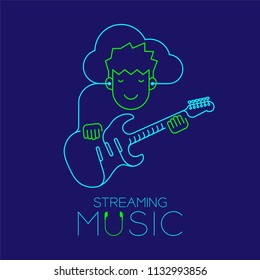 Man with earphone cloud connect smartphone, Electric guitar shape made from cable, Streaming music concept design illustration isolated on dark blue background, with copy space