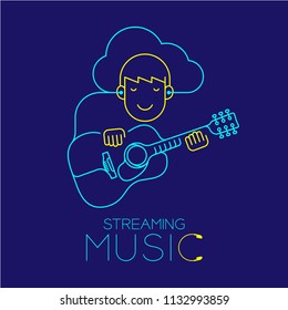 Man with earphone cloud connect smartphone, Acoustic guitar shape made from cable, Streaming music concept design illustration isolated on dark blue background, with copy space