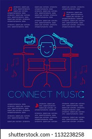 Man with earphone and smartphone, Drum kit shape made from cable, Connect music concept magazine page layout design illustration isolated on dark blue background, with copy space