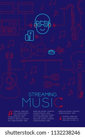 Man with earphone wireless connect smartphone, Streaming music concept magazine page layout design illustration isolated on dark blue background, with copy space