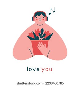 Man in earphones listening music and holding bouquet of flowers. Modern love concept, lifestyle. Cartoon character with label "love you". Isolated illustration with young person, boy in flat style.