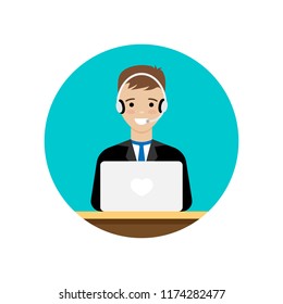 Man with earphones and microphone working in call center. Concept of call center and technical support. 