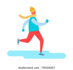Man in earphones running in warm winter cloth vector illustration isolated on white background. Boy dressed in jacket and red jeans warming up