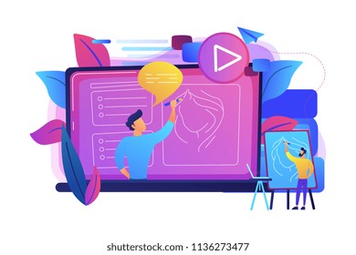 A man with easel before screen with video learning how to draw a portrait. Education video, modern teaching tool and interactive learning concept. Violet palette. Vector illustration on background A man with easel before screen with video learning how to draw a portrait. Education video, modern teaching tool and interactive learning concept. Violet palette. Vector illustration on background