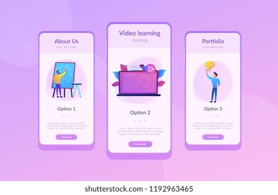 A man with easel before screen with video learning how to draw a portrait. Education video, modern teaching tool and interactive learning concept. Violet palette. App interface template.