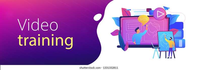 Un hombre con caballete antes de la pantalla con video aprendiendo a dibujar un retrato. Video educativo, herramienta didáctica moderna y concepto de aprendizaje interactivo. Paleta violeta. Banner de encabezado o pie de página.