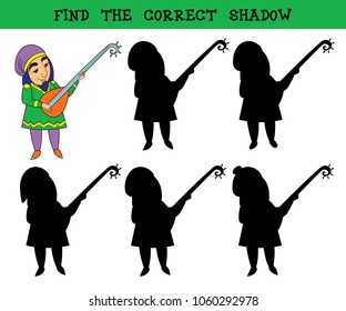 A man in an east outfit playing domra. Find the correct shadow. Educational matching game for children.Vector illustration.