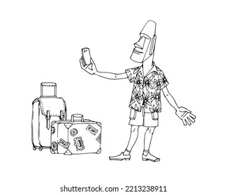 A man from Easter Island is traveling. Moai statue in Hawaiian shirt. Vector illustration with black ink lines isolated on white background in a hand drawn style.