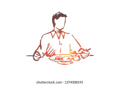 Man, eat, food, soup, lunch, meal concept. Hand drawn man eating soup for dinner concept sketch. Isolated vector illustration.