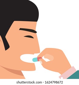 Man eat medicine vector illustration. Person takes a pill for health. Mouth take a drug care. Disease treatment. Drug and vitamin, care for people.