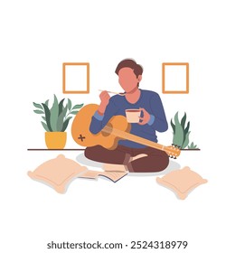 man eat and playing guitar flat design illustration