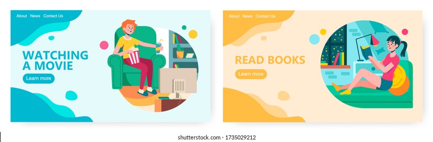 Man eat popcorn and watch movie at home. Woman read book at home. Leisure time and quarantine concept illustration. Vector web site design template. Landing page website illustration