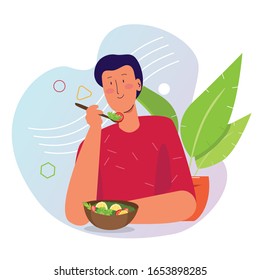 Man eat salad bowl of lettuce green vegan organic fresh healthy food. Meal breakfast vegetables 