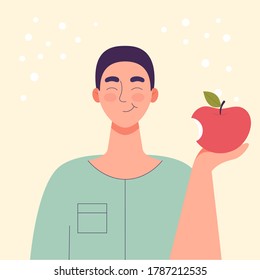 The man is eating an apple. Diet food, healthy lifestyle, vegetarian food, raw food diet. Student snack. Flat cartoon vector illustration.