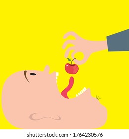 Man eating an apple parody vectorized. Yellow colored background.