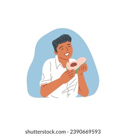 Man eating avocado fruit, flat cartoon vector illustration isolated on white background. Healthy snack and eating vegetables banner or sticker design.