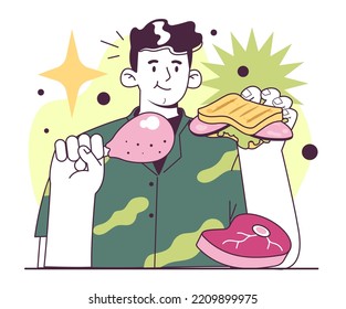 Man eating baked chicken leg, ham sandwich and meat steak. Meat-eating lifestyle. Animal products nutrition and diet. Flat vector illustration