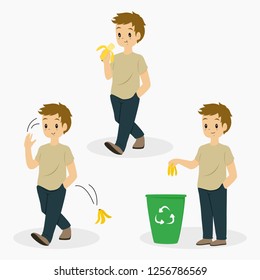 man eating banana, tossing banana peel, and putting away banana peel on trash can. cartoon vector collection 