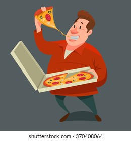 man eating a big slice of pizza and  holding pizza in box, cartoon character, vector illustration